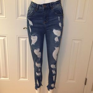 High Rise Destroyed Chewed Hem Jeans J3